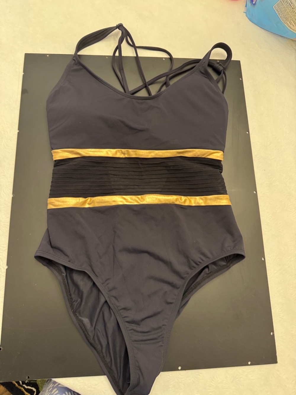 Bleu Rod Beattie Black One-Piece Swimsuit with Gold Bands. NWOT